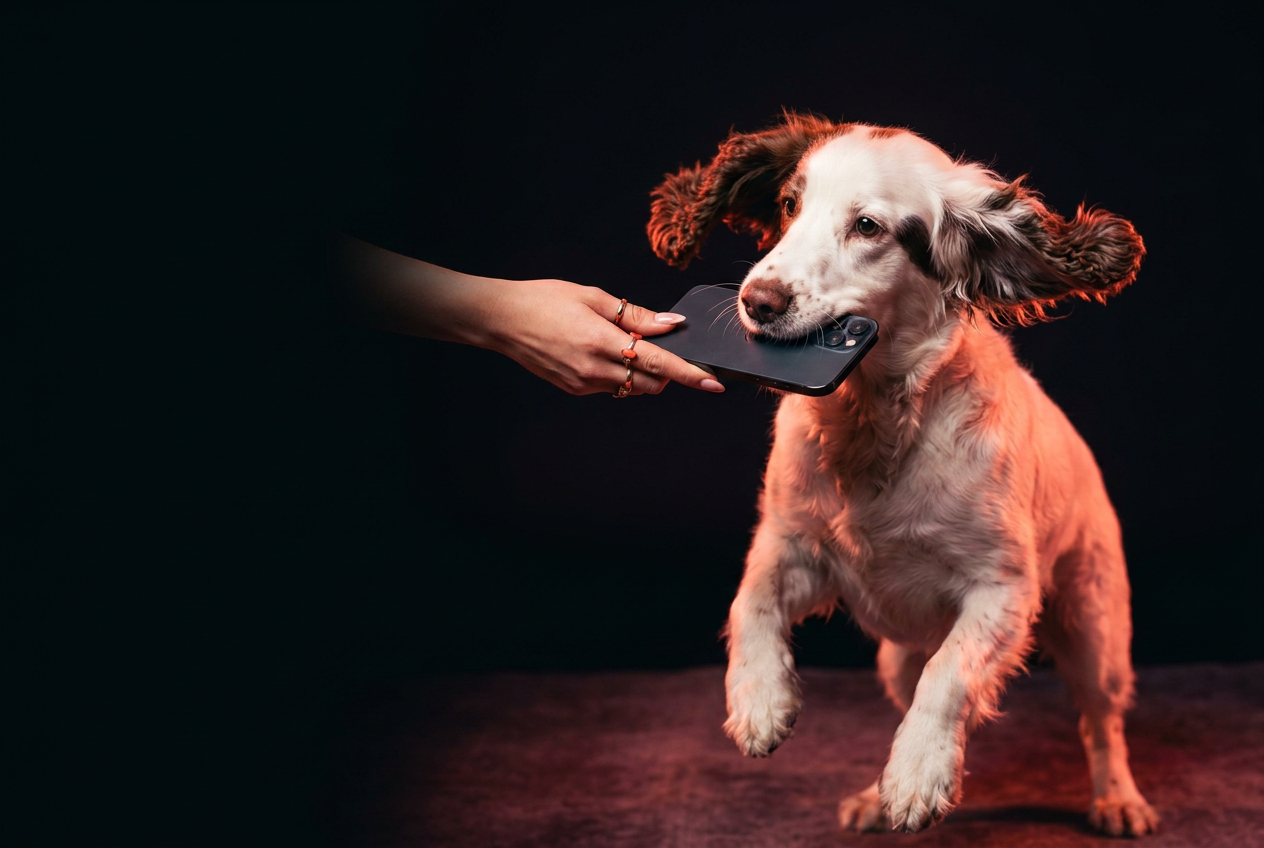 White spaniel handing a smartphone to a creator under warm coral and magenta lighting