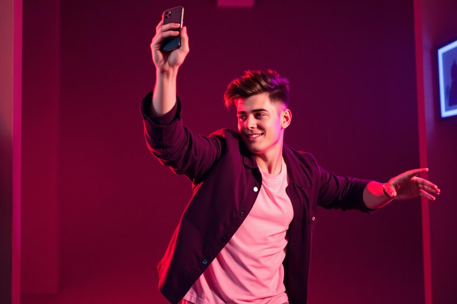 Smiling male creator dancing while filming under warm coral and magenta lighting